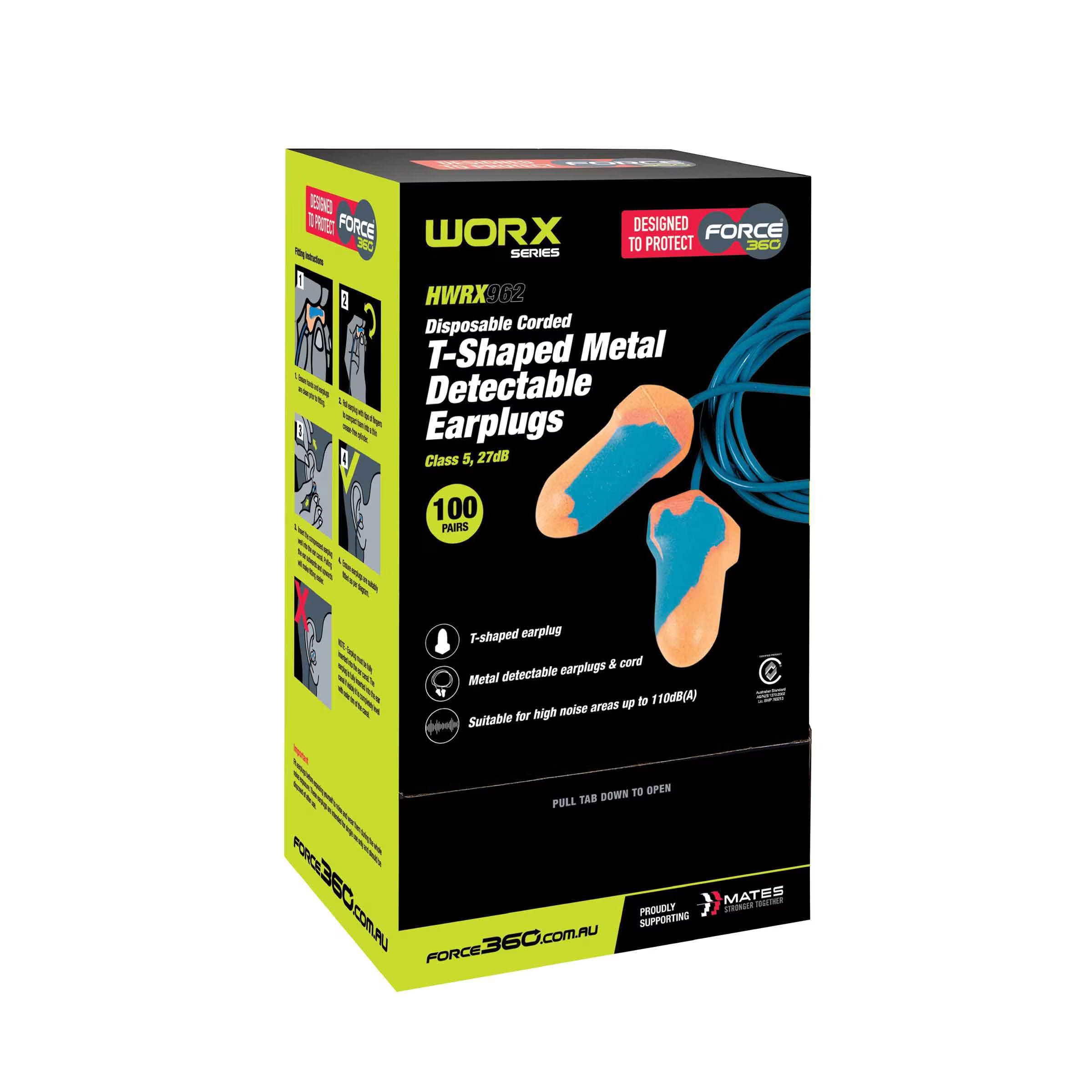 T-Shaped Metal Detectable Corded Disposable Earplug (100 pairs) - HWRX962